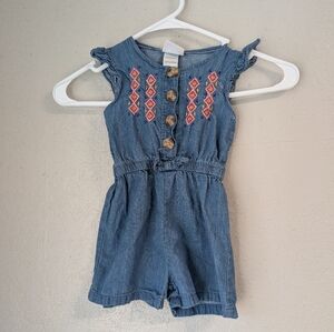 Little Lass Denim Blue Kids Romper 2T Button Up Boho Embroidery Ruffle